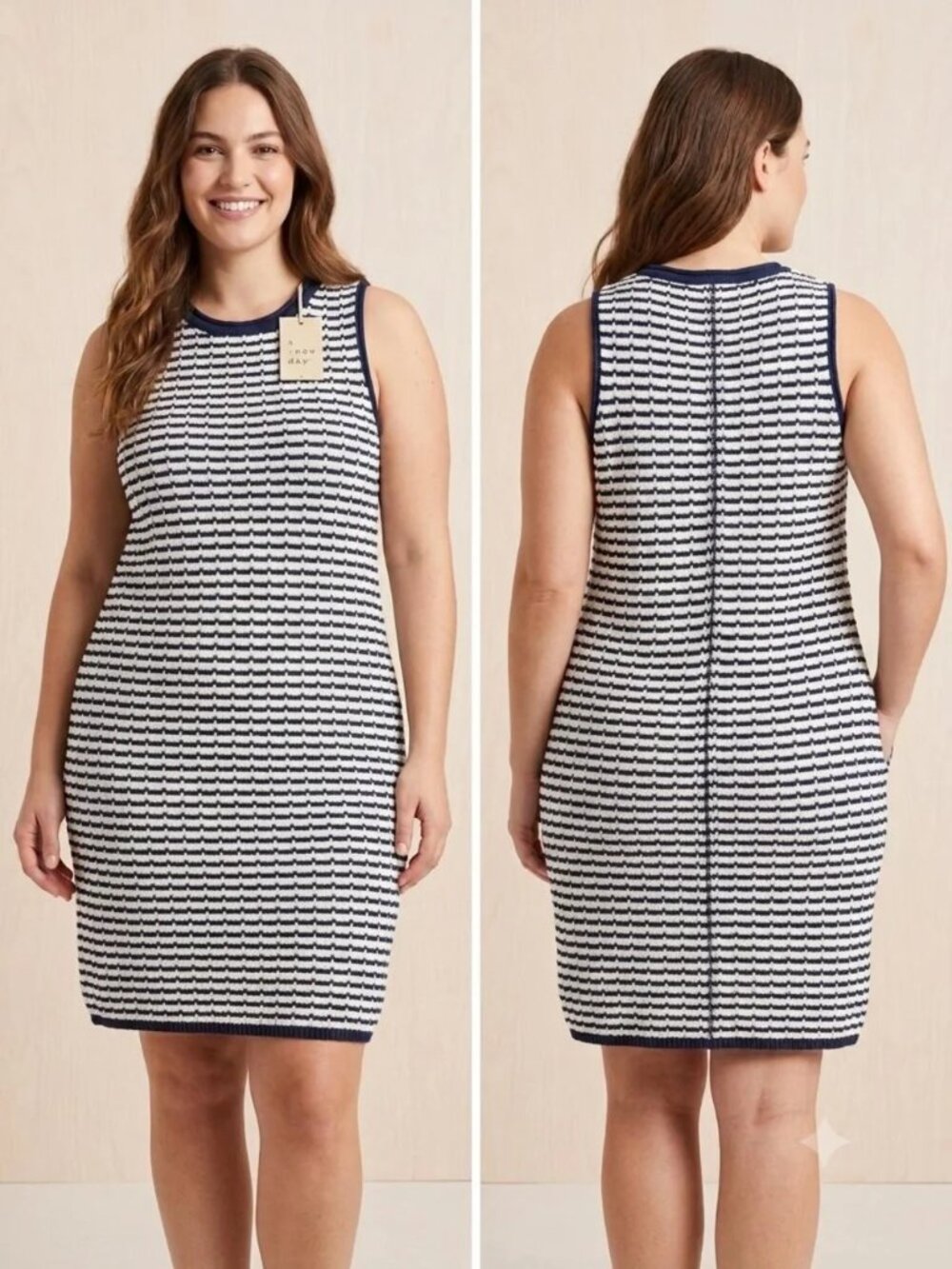 A New Day Navy Blue White Textured Knit Sleeveless Dress Women's L NWT